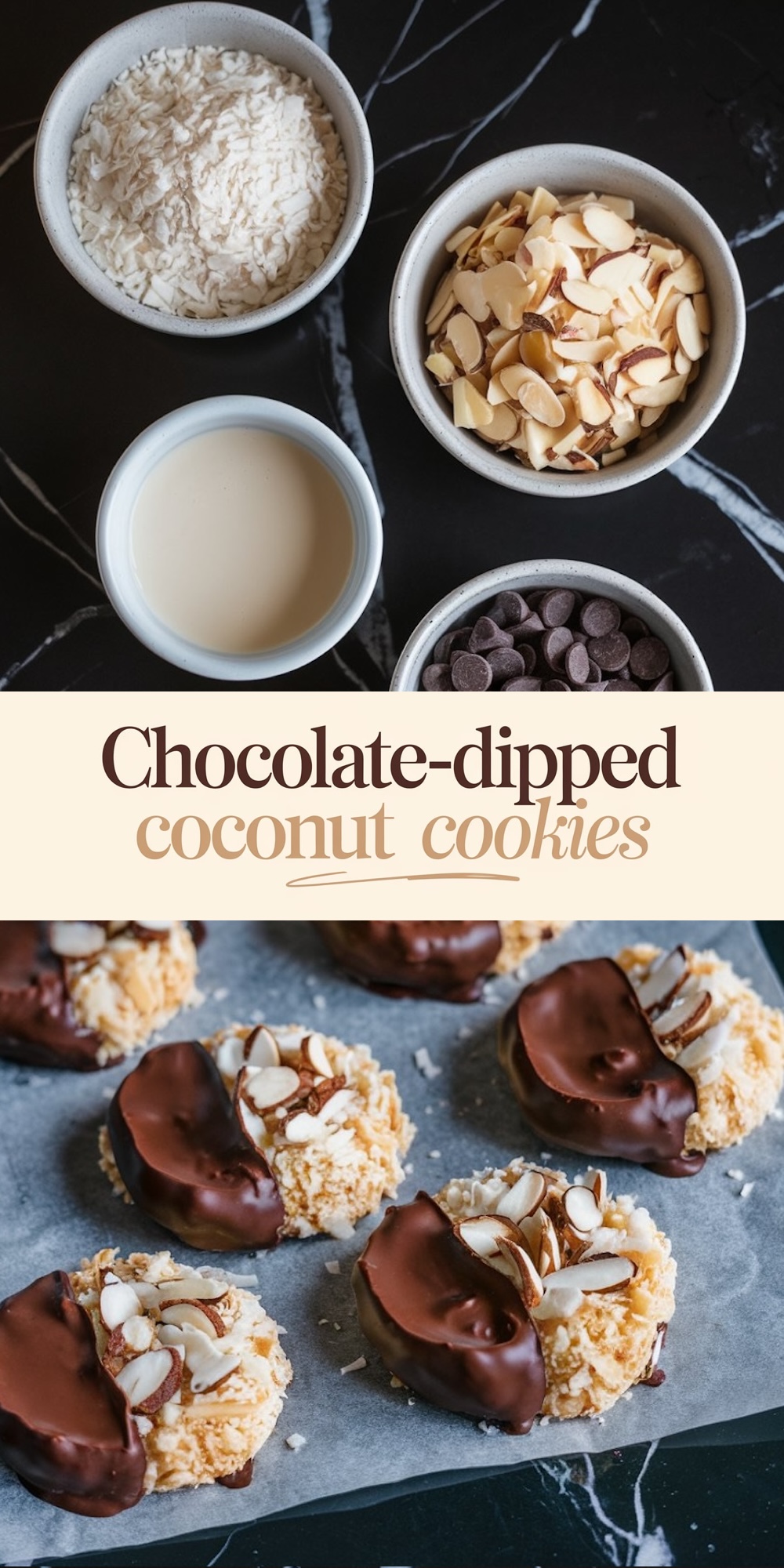 A collage showing the ingredients for the cookies, including shredded coconut, sliced almonds, sweetened condensed milk, and chocolate chips in small bowls. Below, freshly baked coconut cookies with chocolate and almond toppings rest on parchment paper.