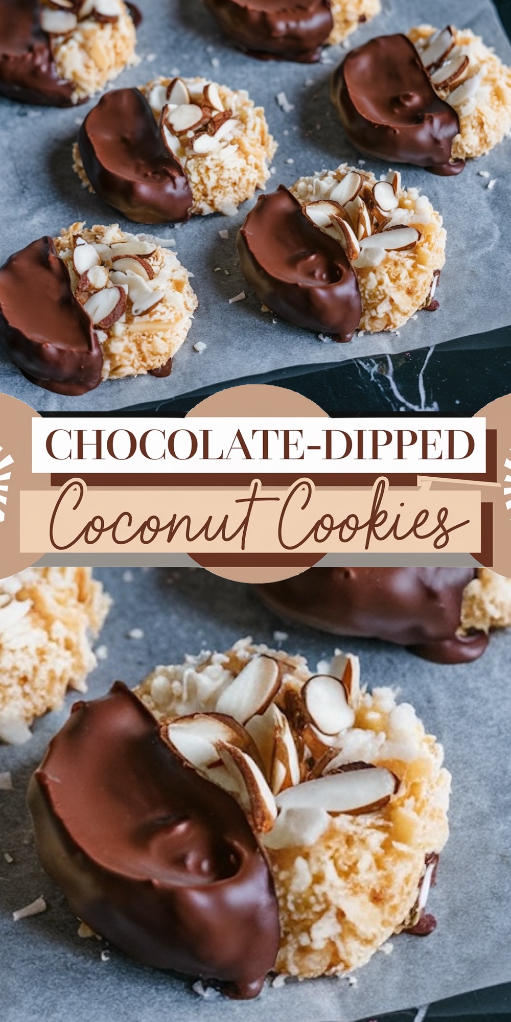 A collage featuring chocolate-dipped coconut cookies topped with sliced almonds, displayed on parchment paper and arranged attractively for serving.