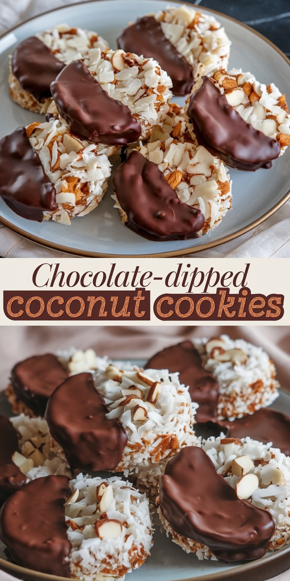 A plate of chocolate-dipped coconut cookies garnished with sliced almonds and shredded coconut. Each cookie features a glossy chocolate coating on one side, creating a visually appealing contrast.