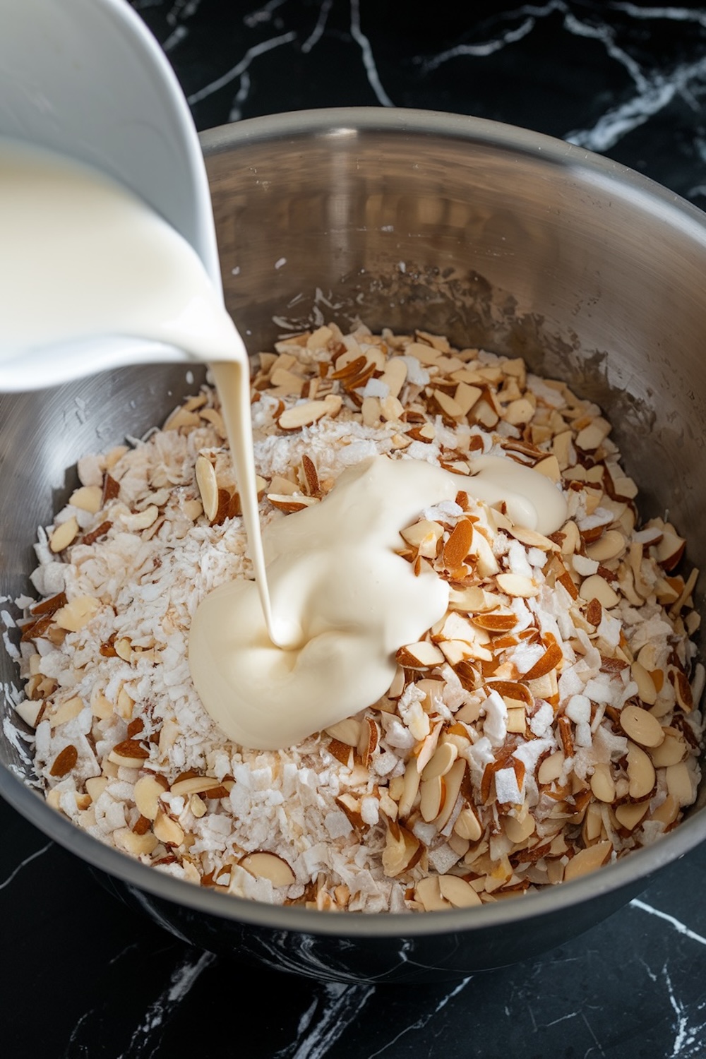 Close-up of a mixing bowl filled with shredded coconut and sliced almonds as sweetened condensed milk is poured in, illustrating the cookie preparation process.