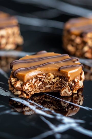 A close-up of a caramel pecan cluster on a glossy black marble surface. The treat features a base of pecans and chocolate, topped with a smooth caramel layer and finished with a chocolate drizzle. A bite has been taken, revealing the layers of chewy caramel and crunchy nuts.