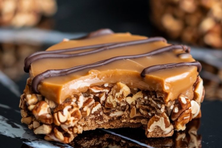 A close-up of a caramel pecan cluster on a glossy black marble surface. The treat features a base of pecans and chocolate, topped with a smooth caramel layer and finished with a chocolate drizzle. A bite has been taken, revealing the layers of chewy caramel and crunchy nuts.