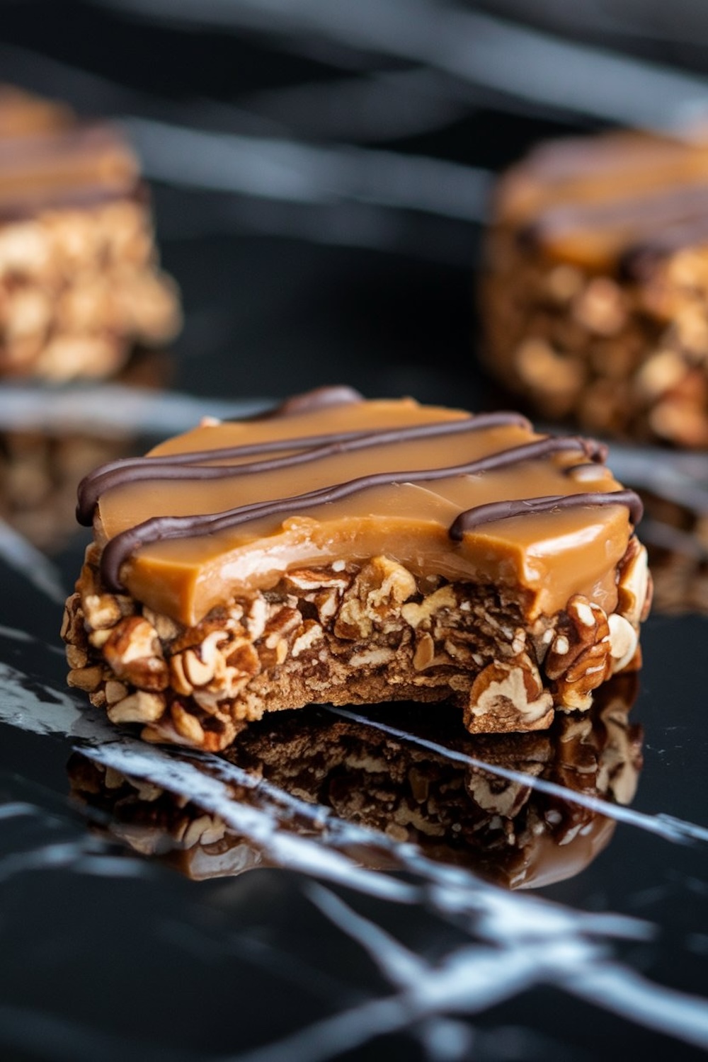 A close-up of a caramel pecan cluster on a glossy black marble surface. The treat features a base of pecans and chocolate, topped with a smooth caramel layer and finished with a chocolate drizzle. A bite has been taken, revealing the layers of chewy caramel and crunchy nuts.