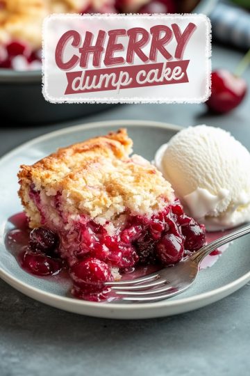 A slice of cherry dump cake served on a gray plate with vanilla ice cream. The dessert features a golden, flaky crust with vibrant, juicy cherry filling spilling onto the plate. A silver fork rests beside the cake. Background shows blurred cherries and a baking dish. Text overlay reads "Cherry Dump Cake."