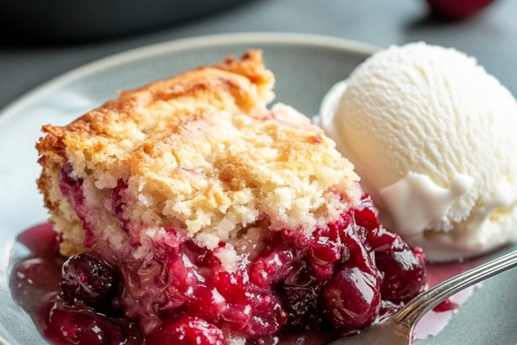 A slice of cherry dump cake served on a gray plate with vanilla ice cream. The dessert features a golden, flaky crust with vibrant, juicy cherry filling spilling onto the plate. A silver fork rests beside the cake. Background shows blurred cherries and a baking dish. Text overlay reads "Cherry Dump Cake."