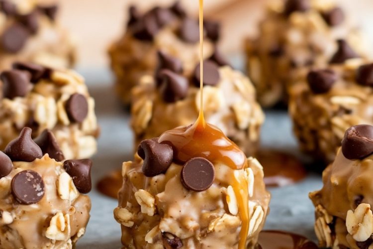 The image highlights several Chocolate Caramel Oatmeal Cookies placed on parchment paper. A drizzle of thick caramel sauce is being poured over one cookie, enhancing its glossy coating and adding a decadent touch.