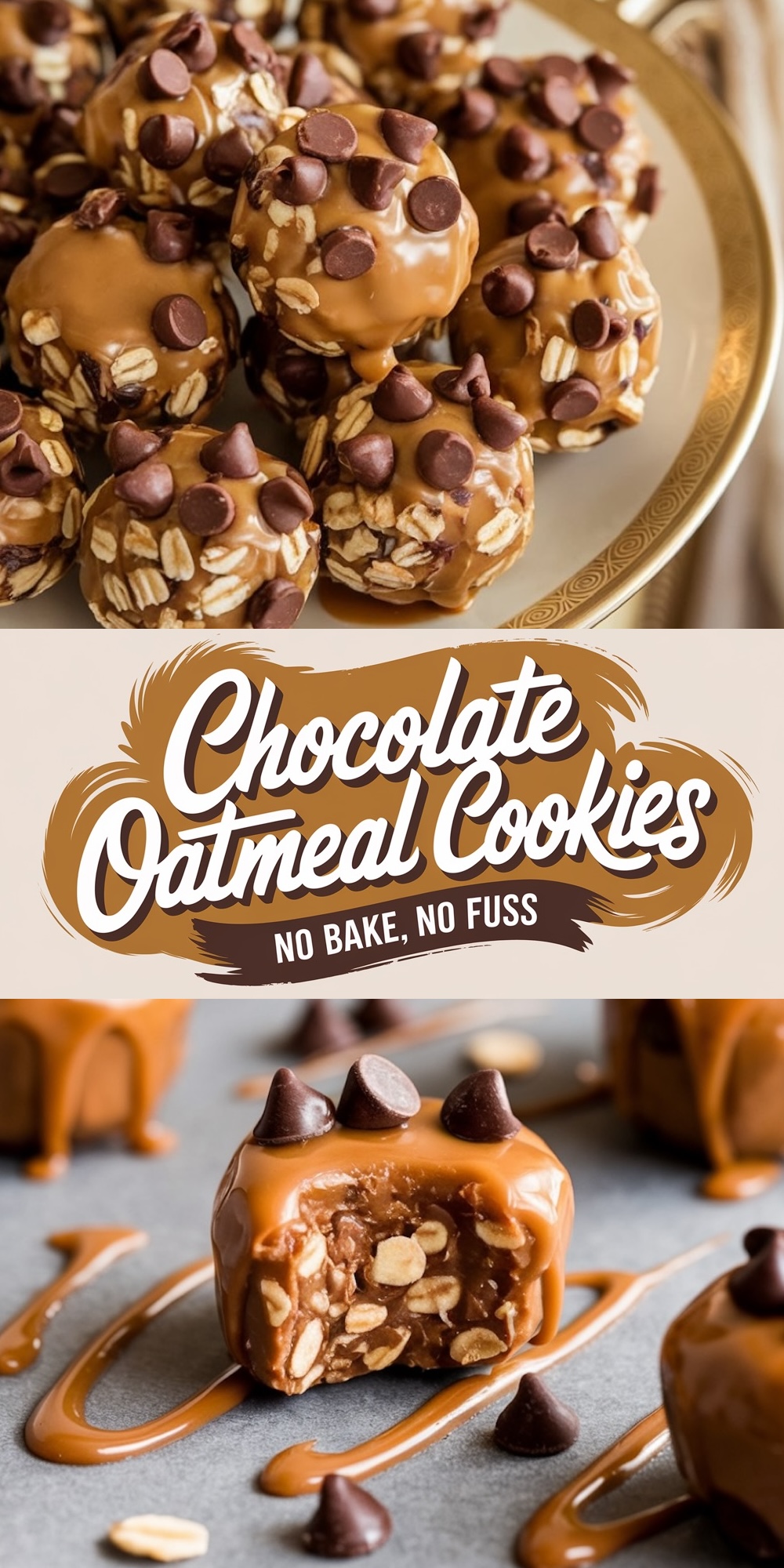 The top section displays cookies arranged on an elegant golden-edged plate, showcasing their smooth caramel coating and rich toppings. The bottom section presents a close-up of a cookie sliced in half, revealing its chewy texture filled with oats, caramel, and chocolate, surrounded by decorative caramel drizzles and chocolate chips.