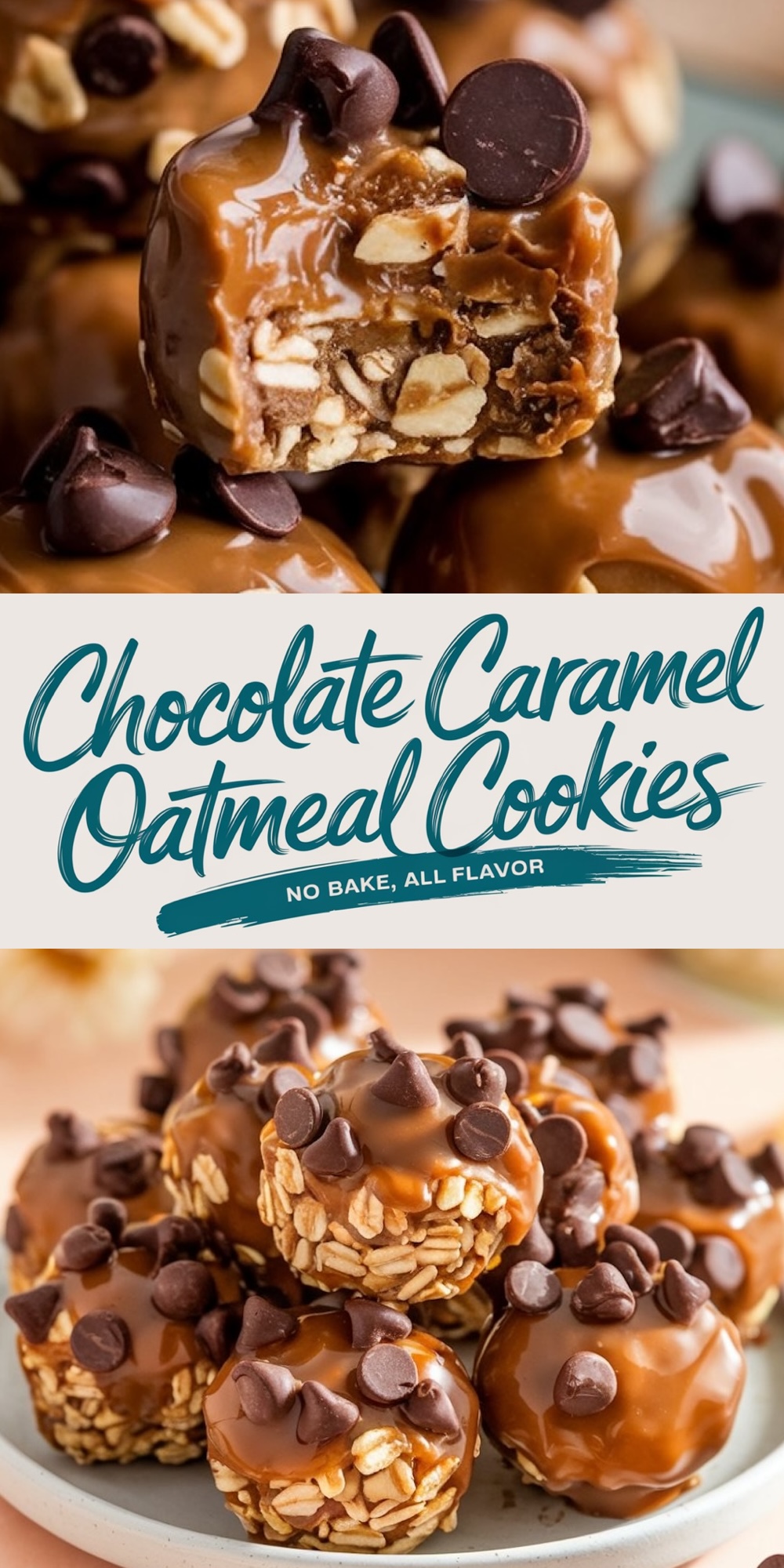 The top section shows a close-up of a Chocolate Caramel Oatmeal Cookie with a bite taken out, revealing a gooey caramel center, oats, and chocolate chips. The bottom section displays a plate of the no-bake cookies, coated in caramel and topped with chocolate chips, showcasing their rich texture and glossy finish.