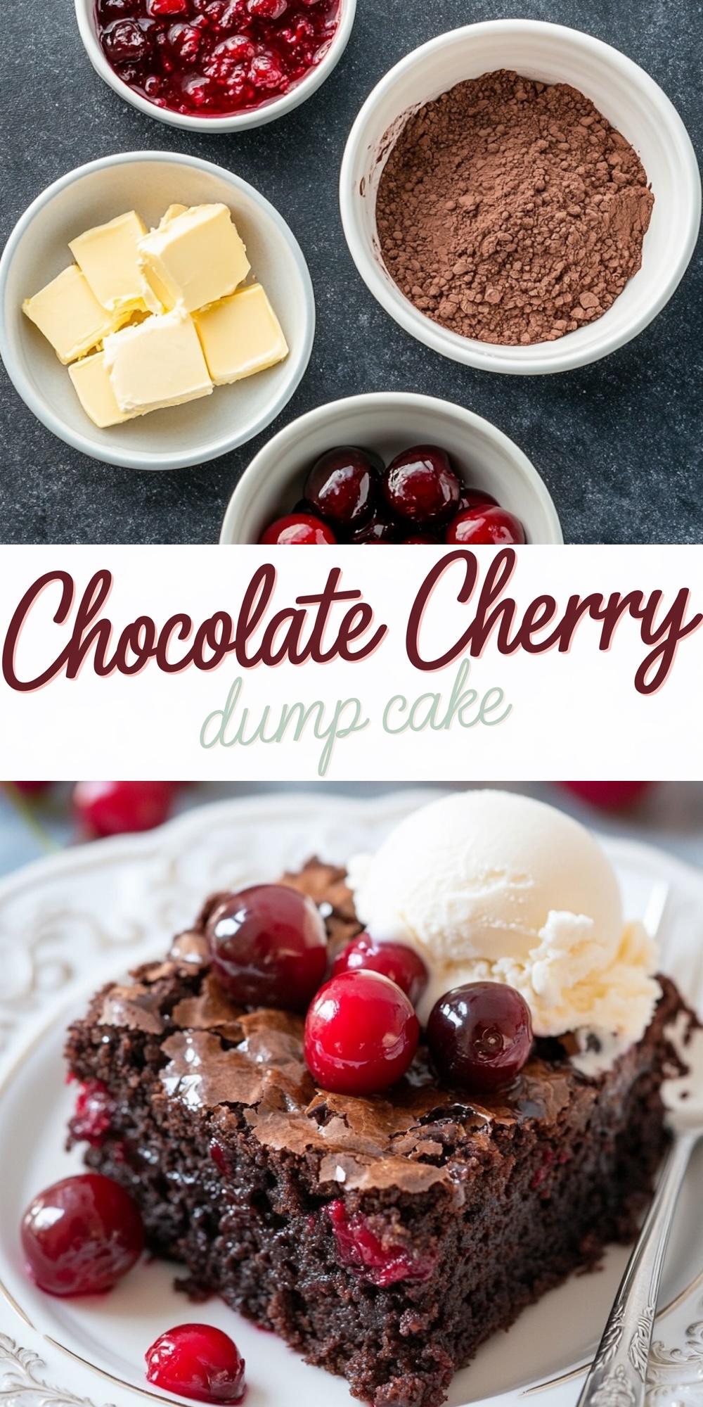 The ingredients for a chocolate cherry dump cake are neatly laid out in bowls, including butter, cocoa powder, fresh cherries, and cherry pie filling. A second view shows a slice of the completed cake on a decorative white plate, topped with vibrant cherries and a creamy scoop of vanilla ice cream, highlighting its rich chocolate layers and moist interior.