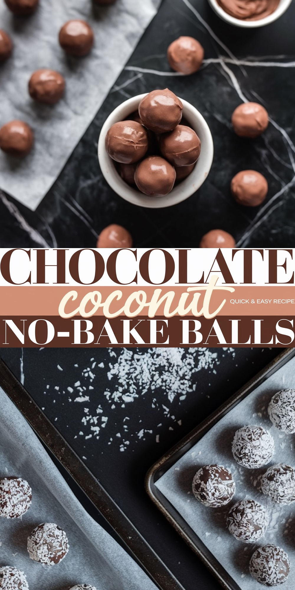 A collage featuring multiple views of chocolate coconut no-bake balls. The top section shows glossy chocolate balls before being coated. The bottom section displays finished balls covered in shredded coconut on a baking tray.