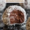 A promotional-style image featuring a close-up of a chocolate coconut no-bake ball with a bite, displaying the creamy chocolate interior. The text overlay reads "Chocolate Coconut No-Bake Cookies" with emphasis on the simplicity of the recipe.