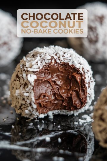 A promotional-style image featuring a close-up of a chocolate coconut no-bake ball with a bite, displaying the creamy chocolate interior. The text overlay reads "Chocolate Coconut No-Bake Cookies" with emphasis on the simplicity of the recipe.