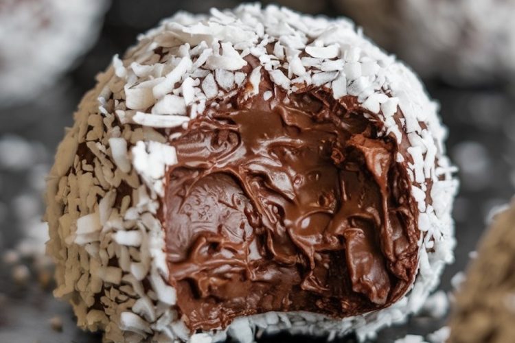 A promotional-style image featuring a close-up of a chocolate coconut no-bake ball with a bite, displaying the creamy chocolate interior. The text overlay reads "Chocolate Coconut No-Bake Cookies" with emphasis on the simplicity of the recipe.