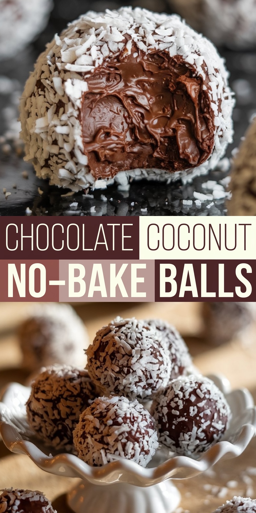 Close-up of a chocolate coconut no-bake ball with a bite taken, revealing a smooth, creamy chocolate center. The surface is coated in shredded coconut for added texture and flavor. Text overlay highlights "Chocolate Coconut No-Bake Balls."