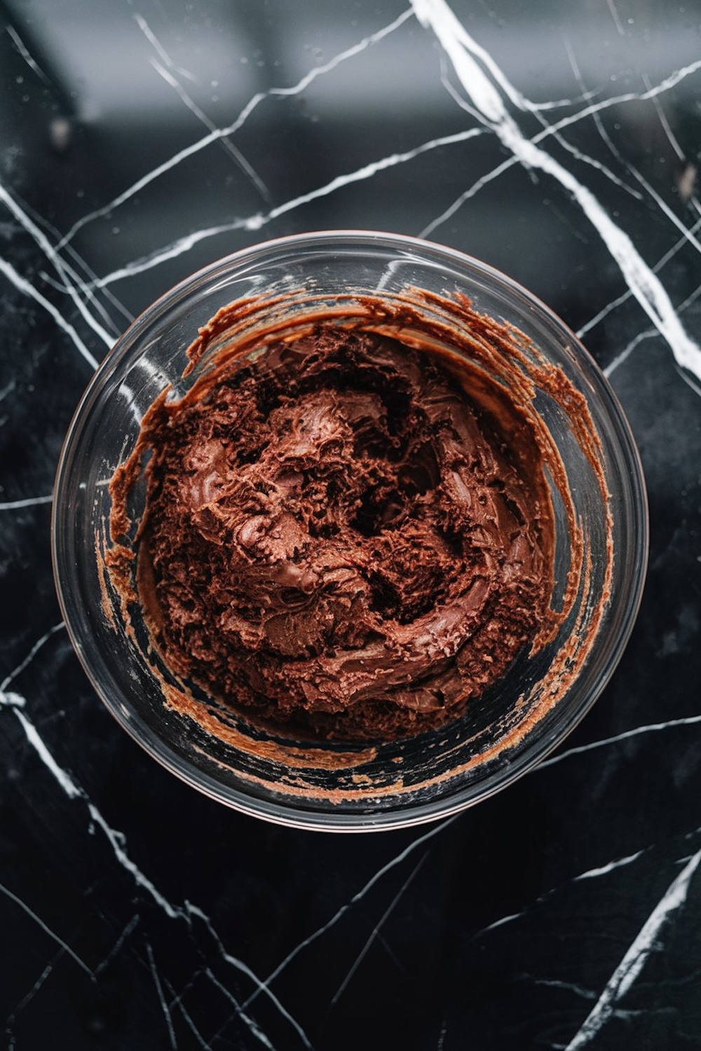 A glass bowl containing a rich and velvety chocolate mixture, sitting on a sleek black marble surface. The mixture appears smooth and ready to be rolled into no-bake balls.