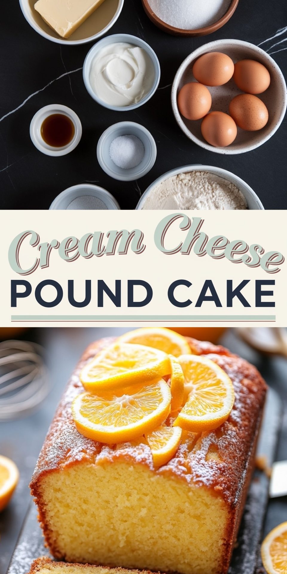 A collage of key ingredients for cream cheese pound cake, including butter, eggs, sugar, vanilla, sour cream, and flour, arranged in small bowls, paired with an orange-topped pound cake below, and a "Cream Cheese Pound Cake" text overlay.