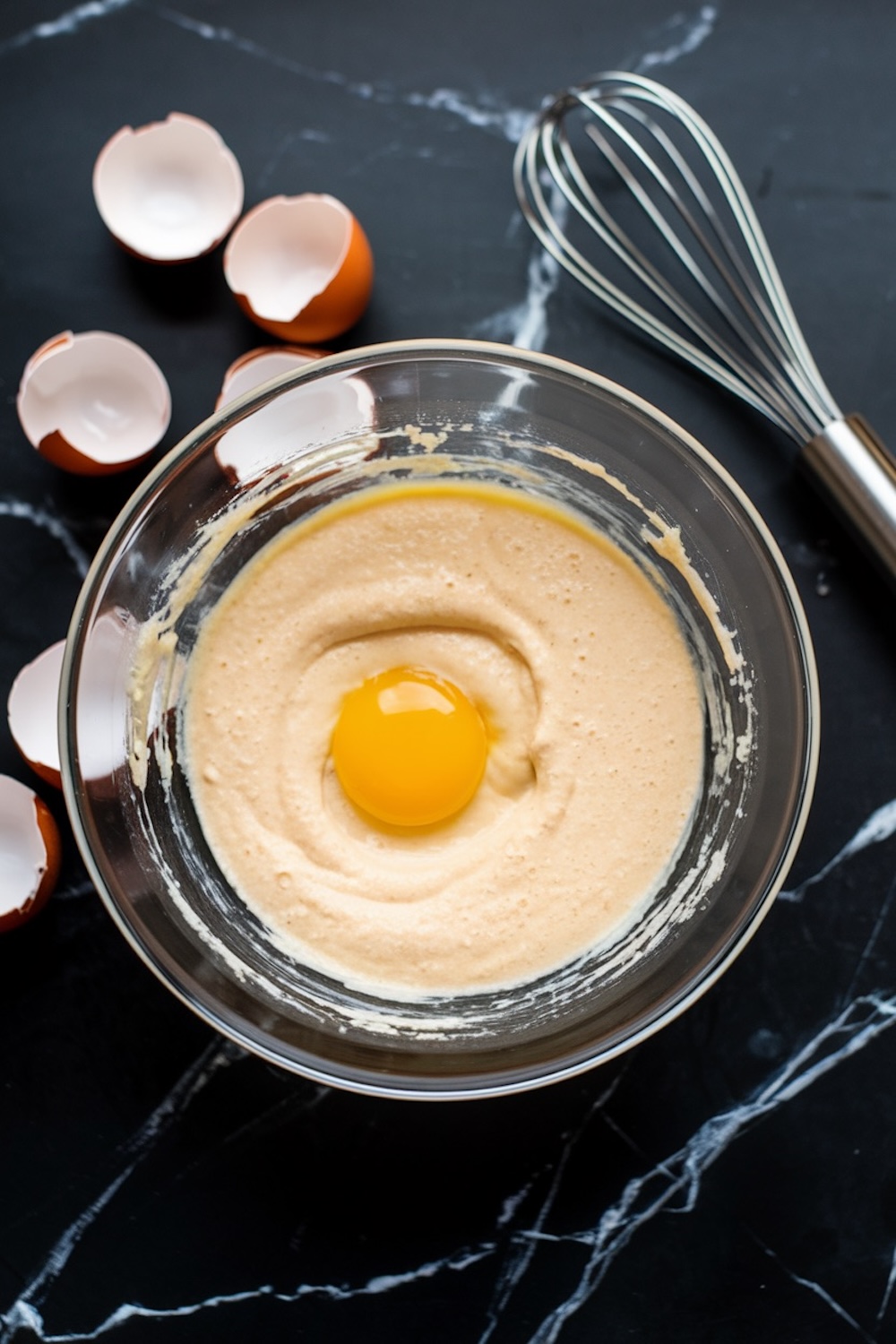 A mixing bowl with smooth batter and a single egg yolk in the center, surrounded by broken egg shells and a whisk on a black marble countertop.