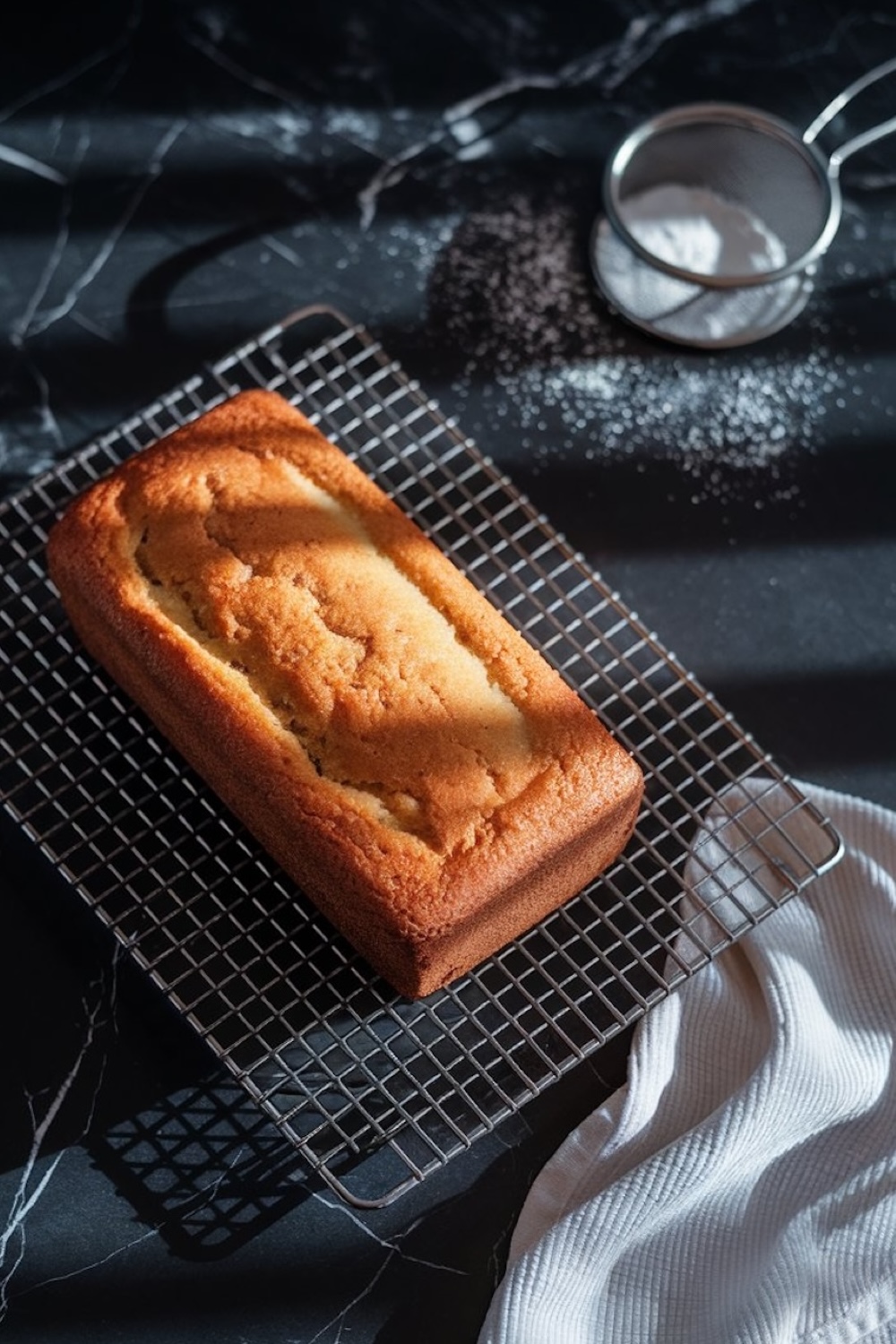 A freshly baked loaf cake cooling on a wire rack, highlighted by natural light, with powdered sugar and baking tools in the background.