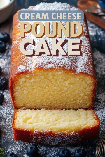 A cream cheese pound cake dusted with powdered sugar, showcasing a golden crust and soft, fluffy texture, with "Cream Cheese Pound Cake" text overlay in bold.