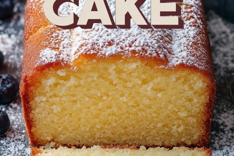 A cream cheese pound cake dusted with powdered sugar, showcasing a golden crust and soft, fluffy texture, with "Cream Cheese Pound Cake" text overlay in bold.