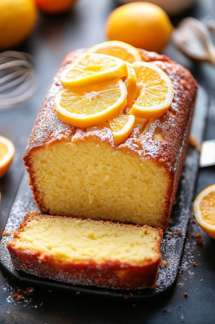 A moist orange loaf cake topped with fresh orange slices and a light dusting of powdered sugar, served on a black tray with scattered orange slices in the background.