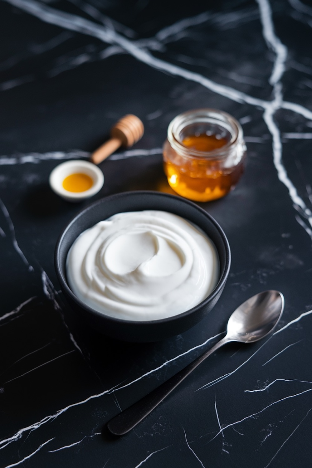 A bowl of creamy yogurt on a black marble surface, accompanied by a small honey jar, a wooden honey dipper, and a silver spoon. A small dish of golden honey is also visible.