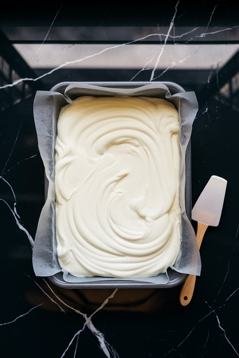 Smoothly spread layer of yogurt in a rectangular baking pan lined with parchment paper, prepared on a black marble surface. A silicone spatula rests beside the pan.