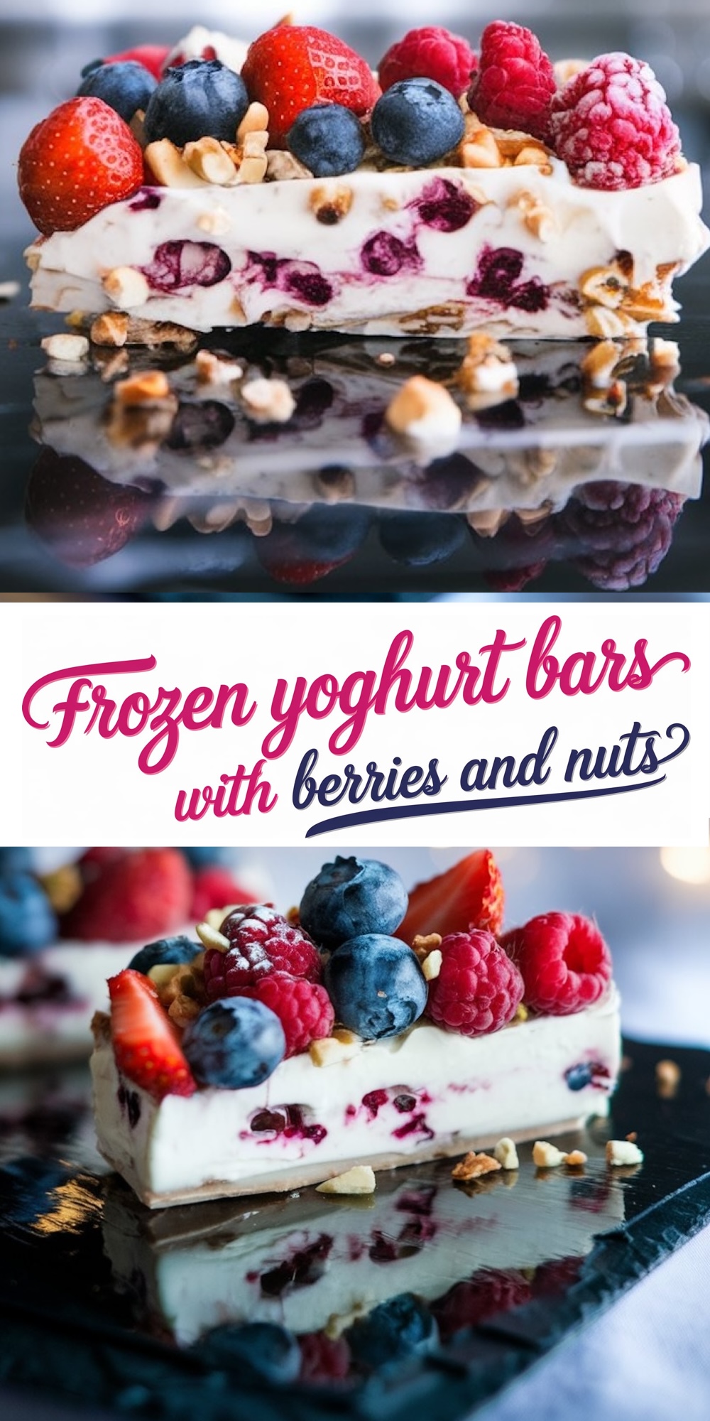 A collage featuring frozen yogurt bark with close-up angles. The top image shows a side profile of yogurt bars filled with berry chunks and nut pieces, highlighted by vibrant strawberries, raspberries, and blueberries. The bottom image captures a similar perspective with text overlay reading "Frozen Yogurt Bars with Berries and Nuts."