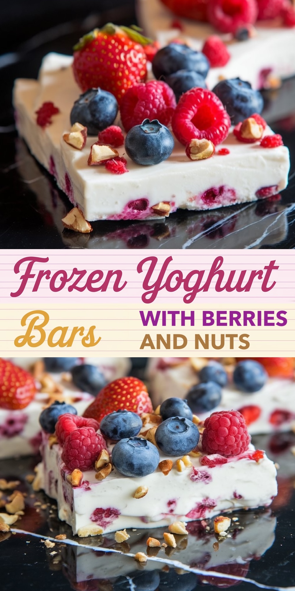 A collage featuring frozen yogurt bark in two views. The top view highlights thick bars topped with fresh berries and nuts on a dark reflective surface, with text reading "Frozen Yogurt Bars with Berries and Nuts." The bottom view shows the detailed berry and nut layers with a creamy yogurt base.