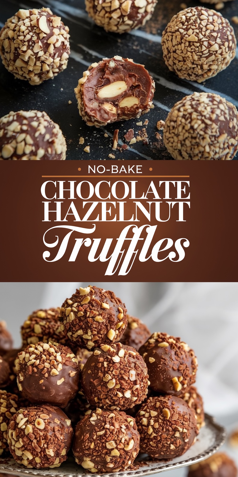 Pinterest collage of chocolate hazelnut truffles. Highlights close-ups of truffles with hazelnut coatings, an interior view of a sliced truffle, and stacked truffles on a pedestal. Includes bold text, "No-Bake Chocolate Hazelnut Truffles," against a chocolate-colored background.