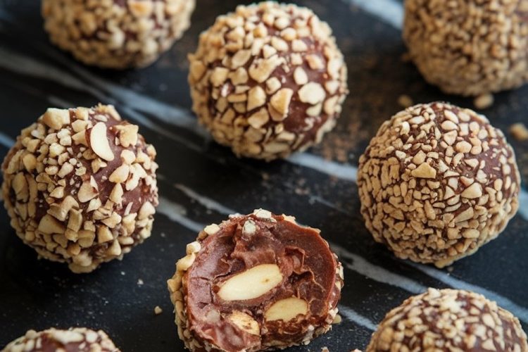 Close-up of no-bake chocolate hazelnut truffles arranged on a dark marble surface. Each truffle is coated in finely chopped hazelnuts, with one cut open to reveal a rich chocolate ganache filling and whole hazelnuts inside. The text overlay reads "No-Bake Chocolate Hazelnut Truffles" in bold lettering.