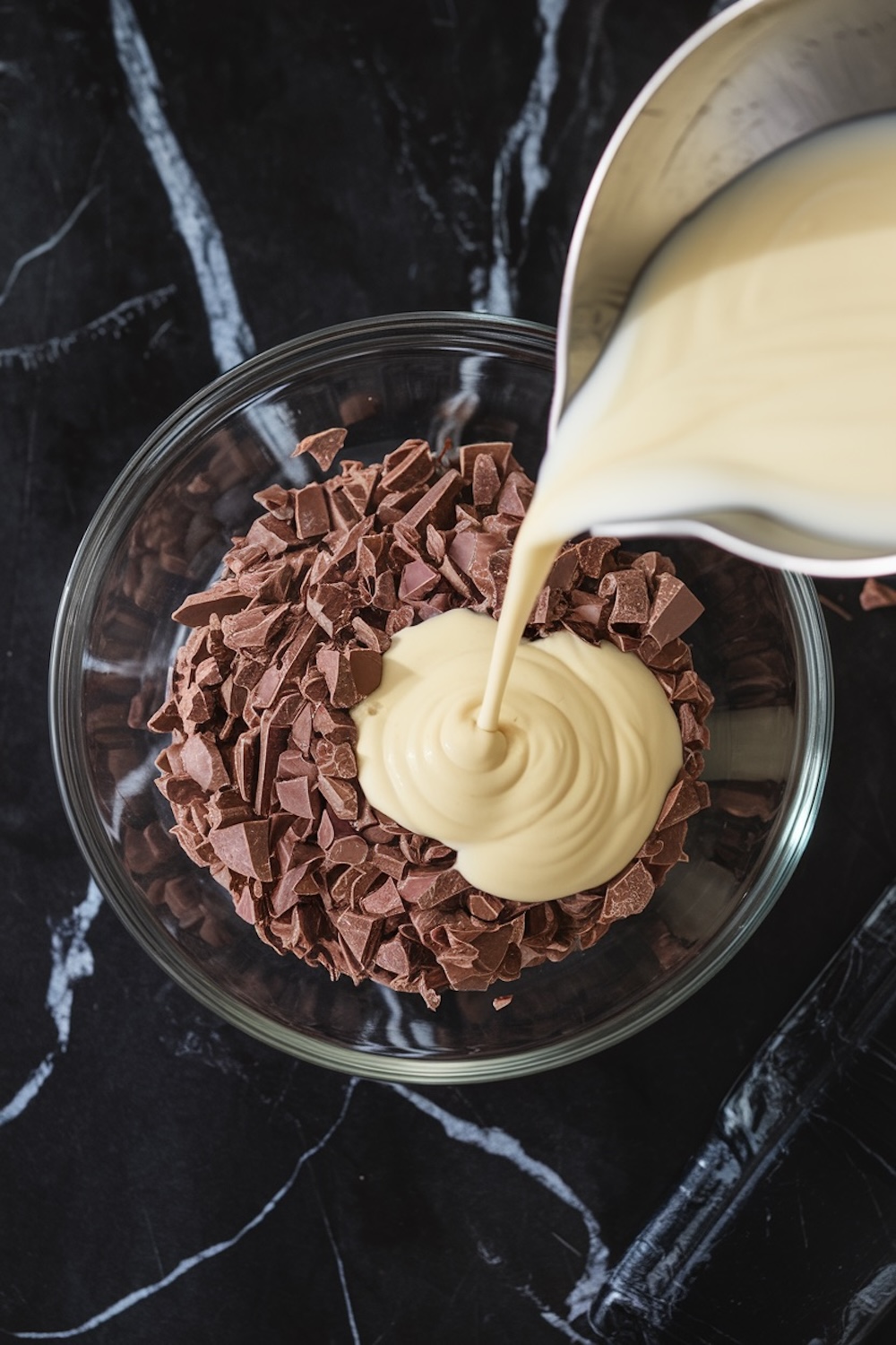 Close-up of warm cream being poured into a bowl of chopped milk chocolate, set on a black marble surface. The melting process creates a smooth ganache.
