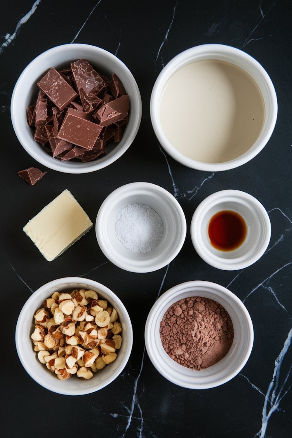 Overhead shot of recipe ingredients in white bowls on a black marble surface. Includes chopped milk chocolate, heavy cream, a slab of butter, chopped hazelnuts, unsweetened cocoa powder, salt, and vanilla extract.