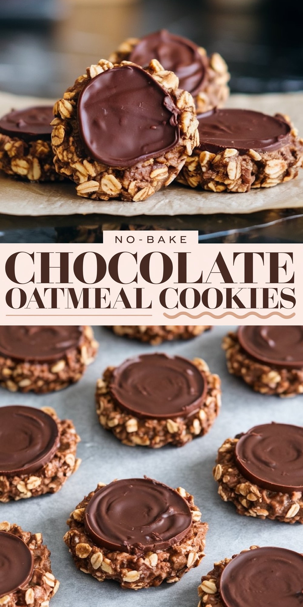 vertical collage displaying stacks of no-bake chocolate oatmeal cookies on a parchment-lined tray. The bottom section shows multiple cookies arranged neatly with their glossy chocolate tops. Text overlay emphasizes, "No-bake chocolate oatmeal cookies."