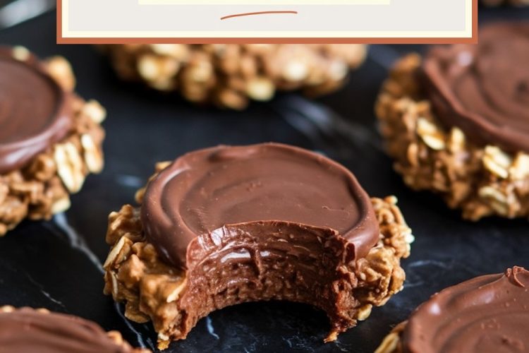 Close-up of no-bake chocolate oatmeal cookies arranged on a black marble surface. A cookie with a bite taken out reveals its soft chocolate layer and chewy oatmeal texture. Text overlay reads, "No-bake chocolate oat cookies."