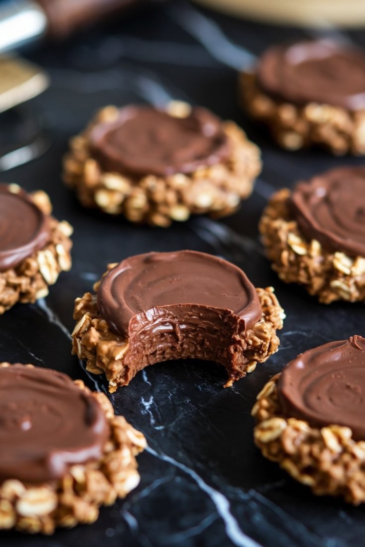 Rows of no-bake chocolate oatmeal cookies on a parchment-lined baking sheet. Each cookie has a glossy chocolate topping and a rustic oatmeal base, emphasizing their homemade appearance.