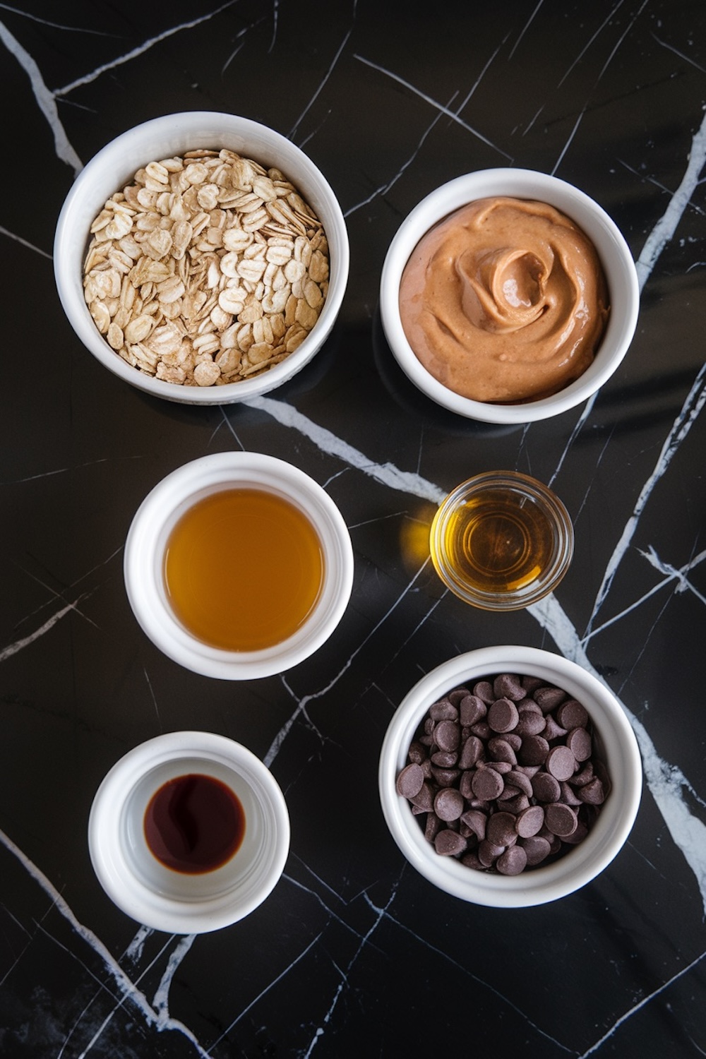 Overhead view of small white bowls arranged on a black marble countertop, containing key ingredients for no-bake cookies: rolled oats, creamy peanut butter, maple syrup, honey, vanilla extract, and dark chocolate chips.