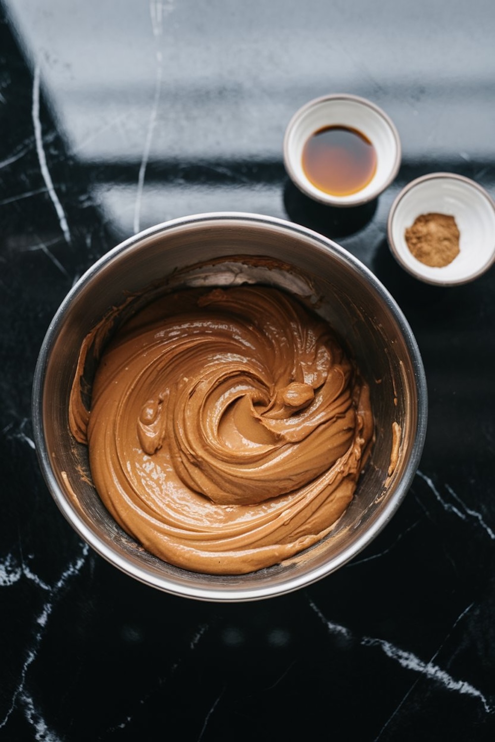 A stainless steel mixing bowl filled with smooth peanut butter batter swirled to perfection. Next to the bowl, small white dishes hold vanilla extract and ground cinnamon, all resting on a sleek black marble surface.