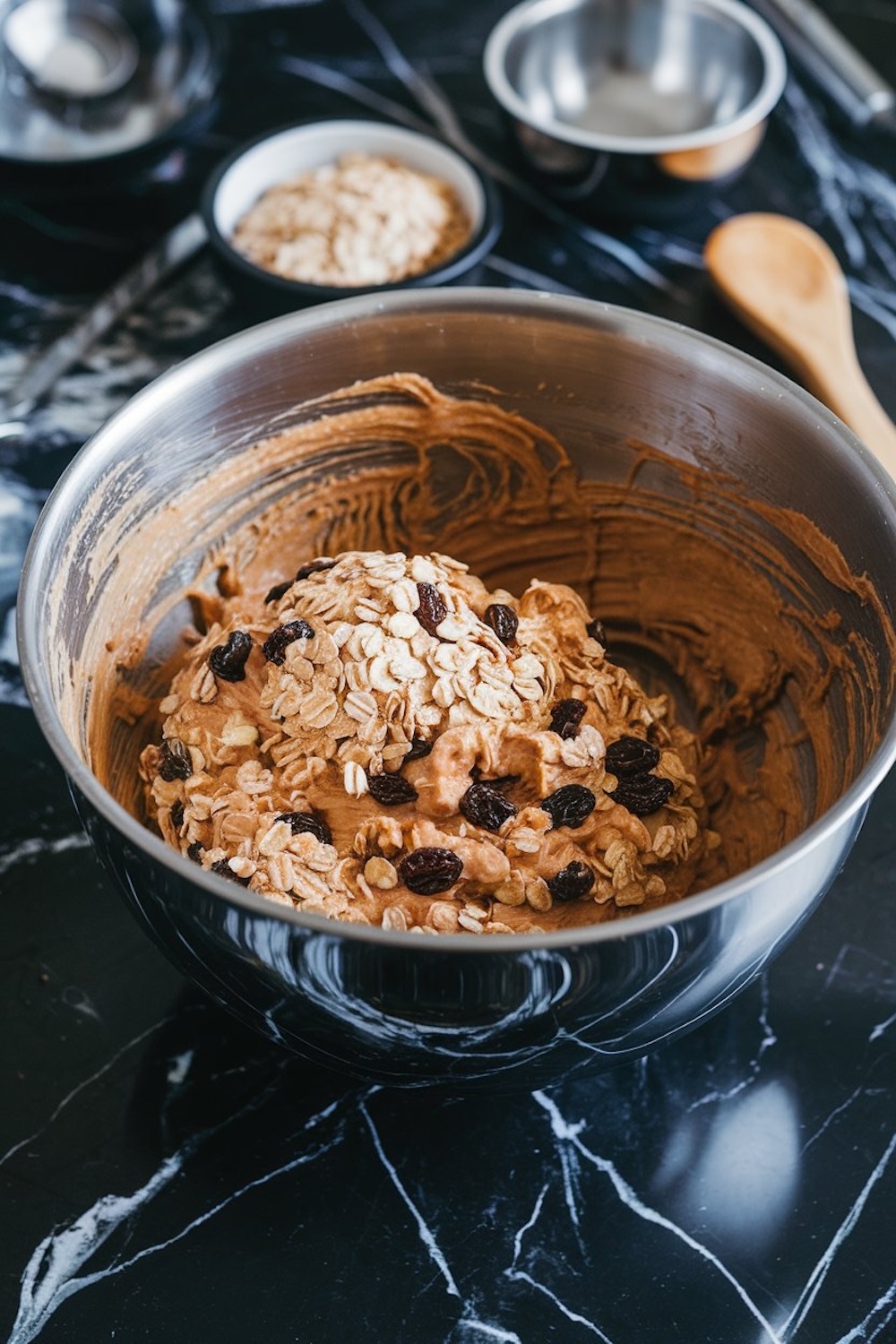 A mixing bowl filled with thick oatmeal raisin cookie dough, showcasing a rich combination of creamy peanut butter, rolled oats, and plump raisins. In the background, small bowls of oats and other ingredients sit on a black marble countertop.