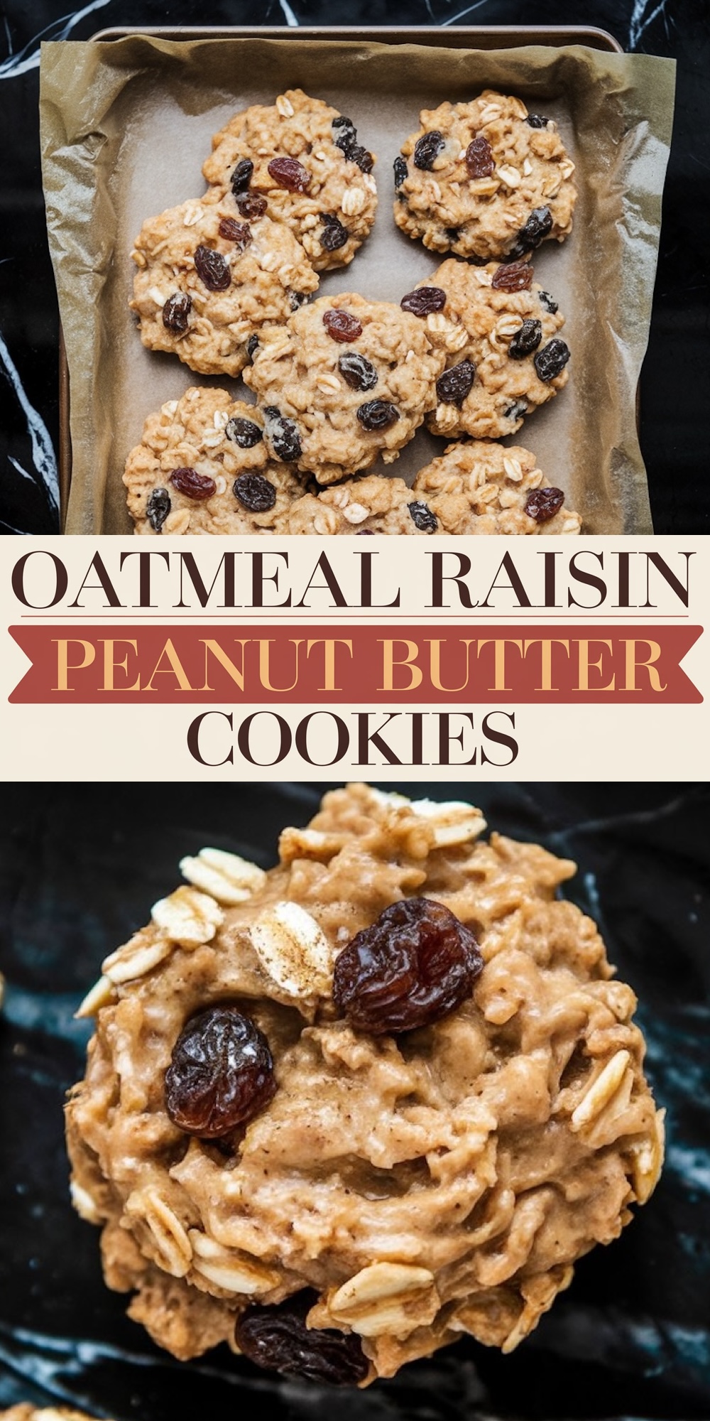 A parchment-lined baking tray filled with freshly baked oatmeal raisin peanut butter cookies. Each cookie is golden brown with a chunky texture, dotted with oats and raisins. Below, a close-up of a single cookie highlights its rustic appearance with visible oats and juicy raisins. The text in the middle reads, "Oatmeal Raisin Peanut Butter Cookies" in stylish serif font with brown and gold accents.