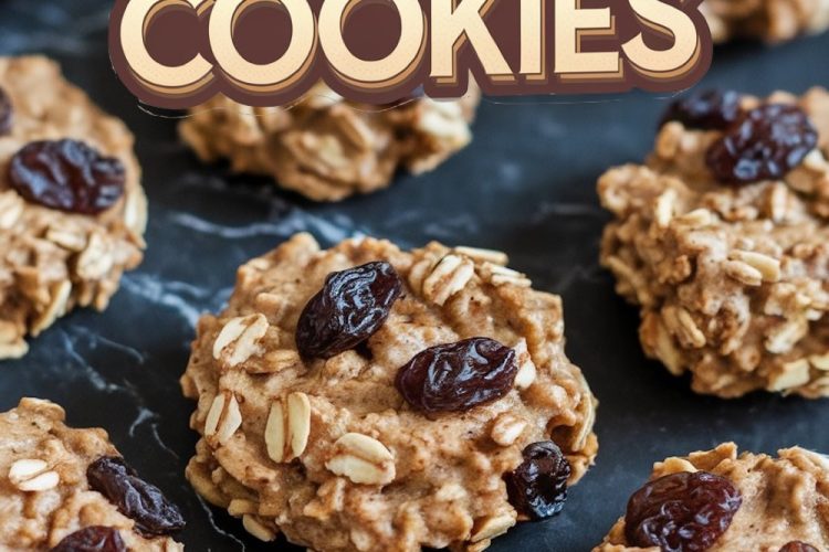 A collection of oatmeal raisin peanut butter cookies displayed on a dark marble surface. The cookies are arranged in a grid, showcasing their rustic texture with oats and raisins prominently visible. Overlay text in bold vintage font reads, "Oatmeal Raisin Peanut Butter Cookies."