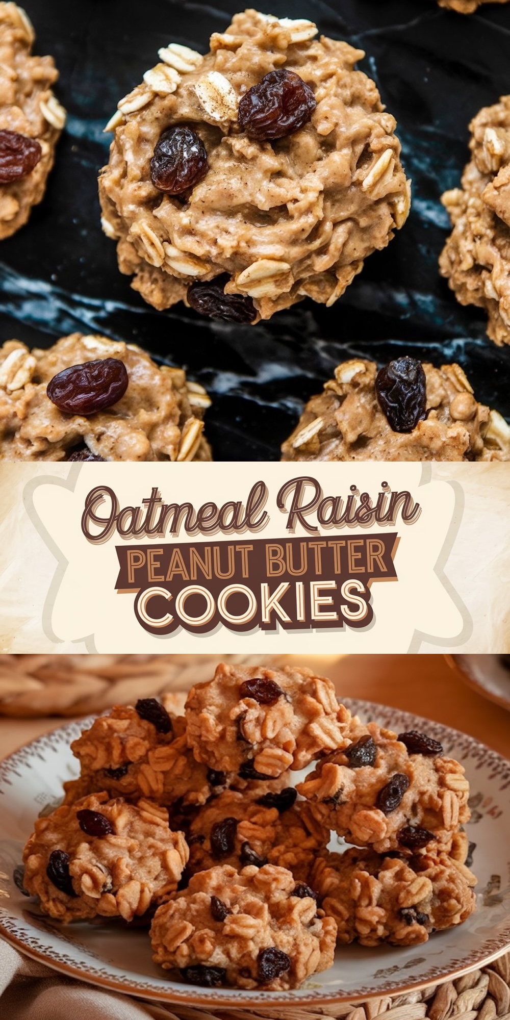 A collage featuring oatmeal raisin peanut butter cookies. The top shows cookies arranged on a dark marble surface, their rustic texture highlighted with oats and raisins. The bottom shows cookies stacked on a decorative plate with a warm, inviting setting. Center text reads, "Oatmeal Raisin Peanut Butter Cookies" in bold, vintage-inspired lettering.