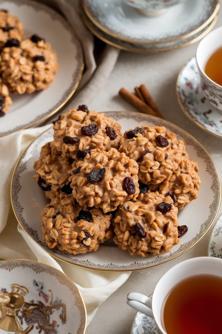 A vintage plate filled with oatmeal raisin peanut butter cookies, styled with visible oats and raisins. The plate rests on a soft beige cloth, accompanied by elegant teacups and cinnamon sticks, creating a cozy tea-time setting.