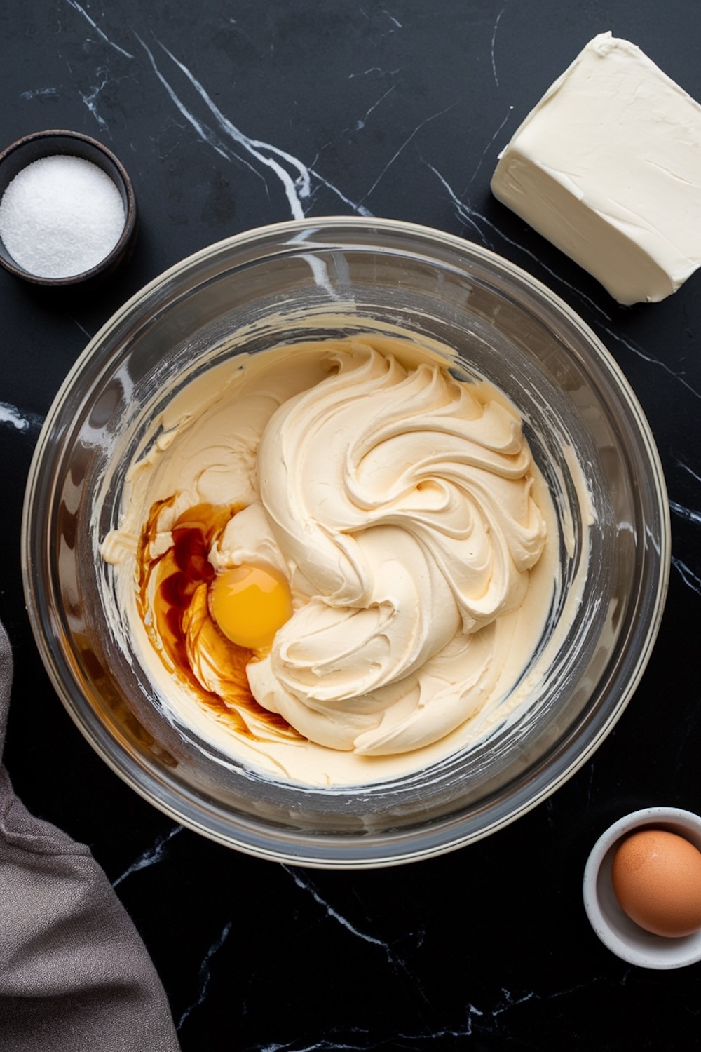 A glass mixing bowl with creamy batter swirled with vanilla and an added egg, surrounded by ingredients including sugar, cream cheese, and a whole egg on a black marble surface.