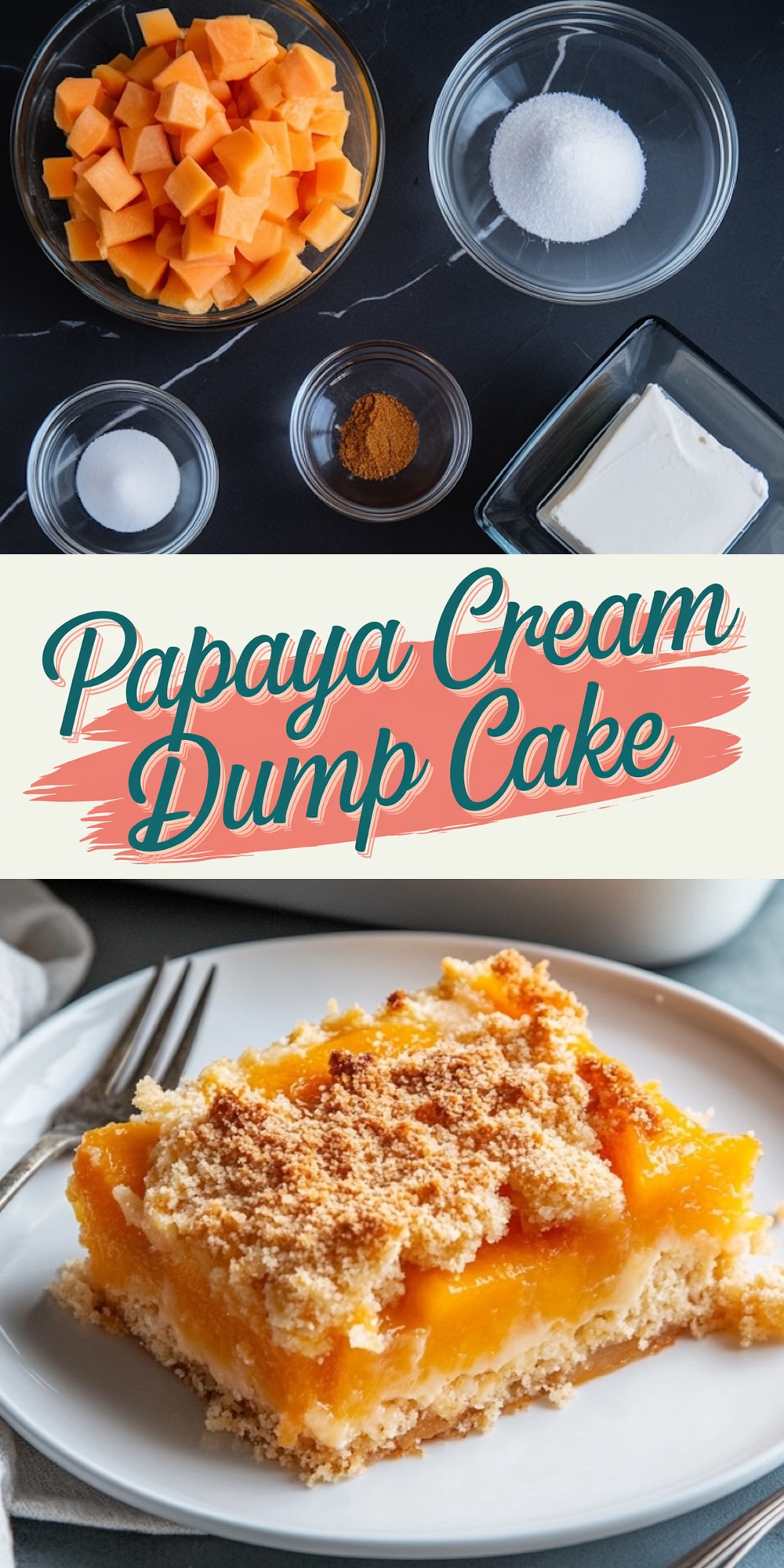 Top: Ingredients for the papaya cream dump cake arranged on a black marble countertop, including cubed papaya, cream cheese, sugar, cinnamon, and eggs in glass bowls.
Bottom: A slice of papaya cream dump cake plated with its bright orange filling and crumbly topping, accompanied by a golden fork.
