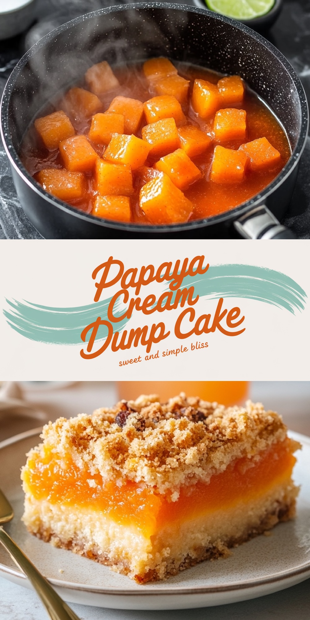Top: Cubed papaya simmering in a black pot, releasing steam, with hints of cinnamon and a fresh lime in the background.
Bottom: A slice of papaya cream dump cake plated on a beige dish, showing its layered structure with a vibrant orange papaya layer and a buttery crumb topping.