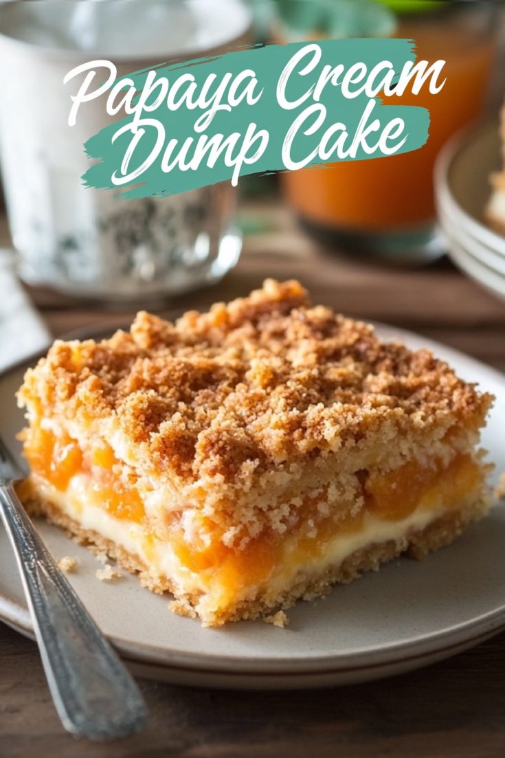 A close-up of a slice of papaya cream dump cake on a beige plate, featuring layers of creamy filling, fresh papaya chunks, and a golden crumbly topping. A silver fork rests beside the slice, and the background includes blurred details of a white mug and additional dessert plates.