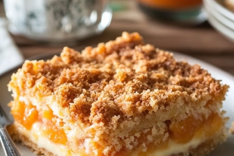 A close-up of a slice of papaya cream dump cake on a beige plate, featuring layers of creamy filling, fresh papaya chunks, and a golden crumbly topping. A silver fork rests beside the slice, and the background includes blurred details of a white mug and additional dessert plates.