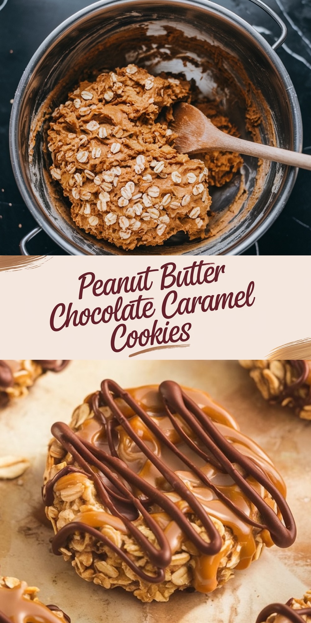 A collage featuring two close-up views of cookies with gooey caramel and chocolate drizzle, separated by a stylized text banner.