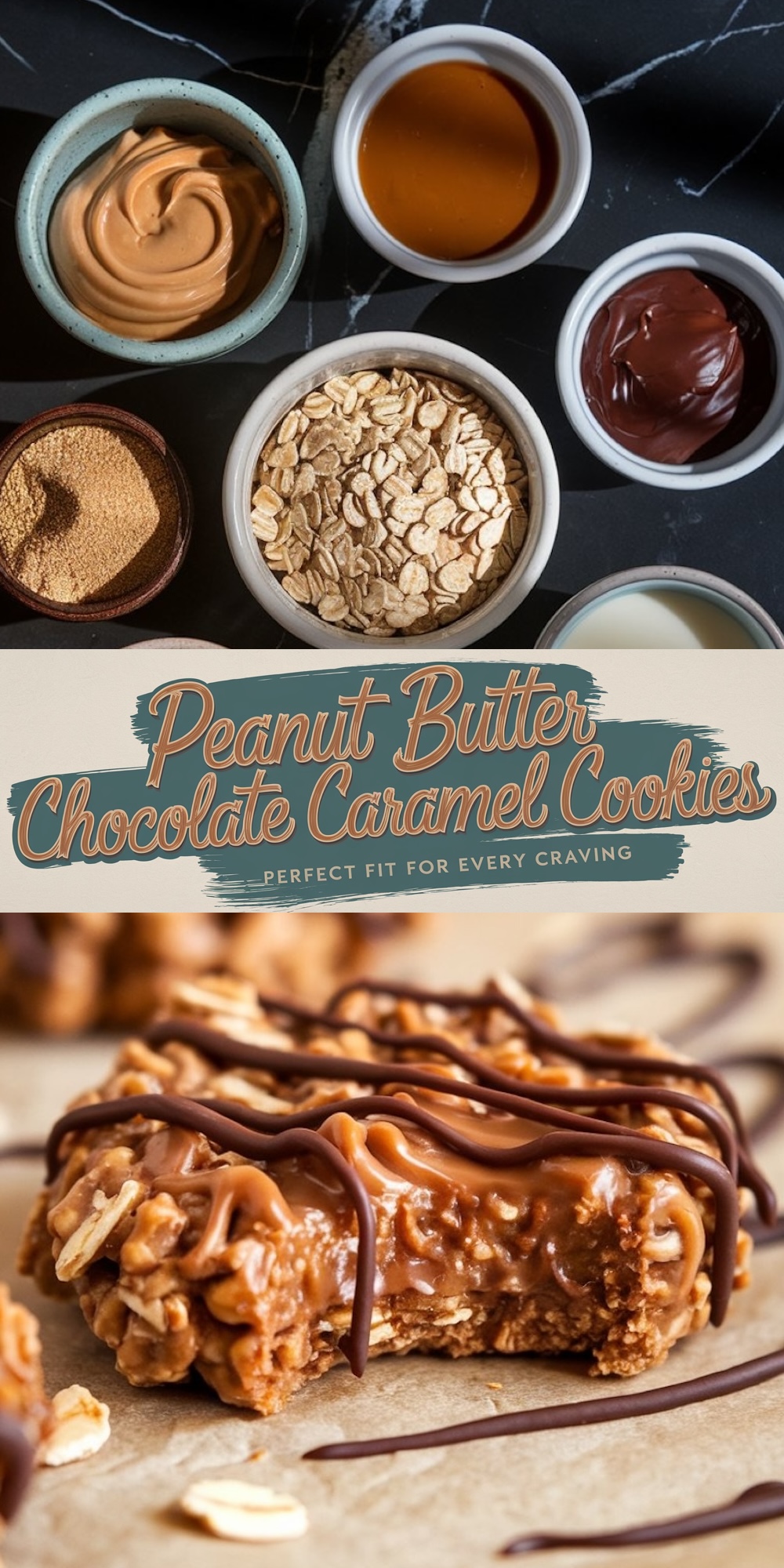 A collage showing ingredient preparation (bowls of peanut butter, oats, caramel, chocolate, brown sugar, and milk) on top, with text and a close-up of cookies drizzled with chocolate below.